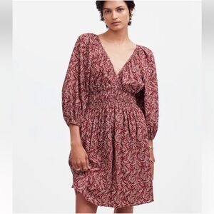 Madewell Puff Sleeve V-Neck Mini Dress in Paisley Floral Red Size 10